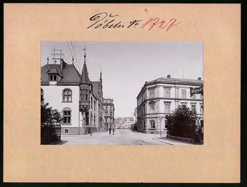 Fotografie Brück & Sohn Meissen, Ansicht Döbeln, Blick in die Königstrasse mit Postamt und Sparkasse