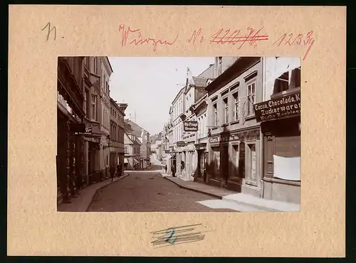 Fotografie Brück & Sohn Meissen, Ansicht Wurzen, Wenceslaistrasse mit Geschäften Clara Hörnig, Otto Prengel, Bäckerei