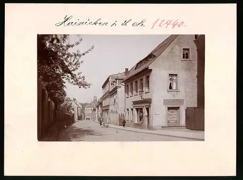 Fotografie Brück & Sohn Meissen, Ansicht Hainichen i. Sa., Bahnhofstrasse, Geschäft Richard Hofmann, Hotel Wettiner Hof