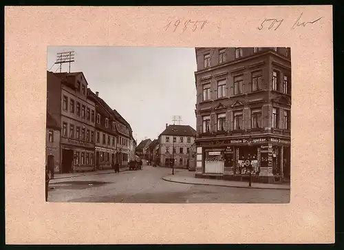 Fotografie Brück & Sohn Meissen, Ansicht Döbeln, Blick in die Oschatzer Strasse, Ansichtskartengeschäft W. Dreissigacker