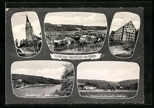 AK Rheinbrohl am Rhein, Totalansicht, Kath. Pfarrkirche, Arienheller-Sprudel b. Rheinbr.