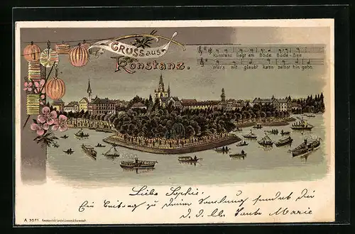 Lithographie Konstanz, Boote vor mit Lampions erleuchtetem Ufer mit Blick auf die Stadt