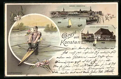 Lithographie Konstanz, Sportruderer, Teilansicht mit Landungssteg, Conciliumsgebäude