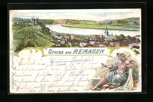 Lithographie Remagen, Ortsansicht mit Apollinariskirche, Wassermann