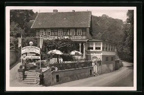 AK Treseburg /Harz, Gasthaus zum Burgstieg / Conditorei-Cafe Werner mit Strasse