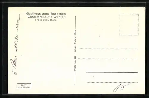 AK Treseburg /Harz, Gasthaus zum Burgstieg / Conditorei-Cafe Werner mit Strasse