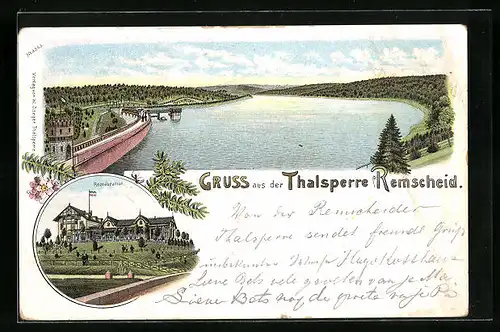 Lithographie Remscheid, Talsperre, Gasthaus mit Umgebung