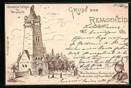 Lithographie Remscheid, Bismarck-Thurm im Bürgerpark, Portrait Bismarck