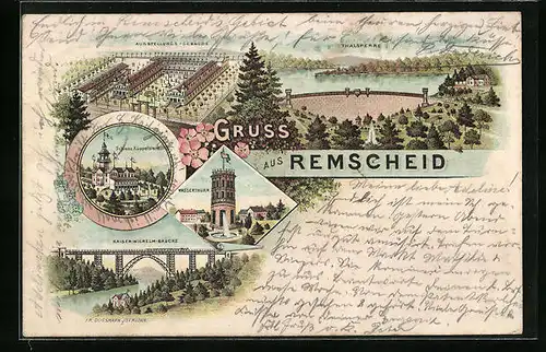 Lithographie Remscheid, Ausstellungs-Gebäude, Thalsperre, Wasserturm, Schloss Krüppelstein