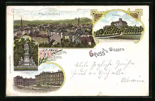 Lithographie Giessen, Ortsansicht von Süden, Universität mit Laboratorium