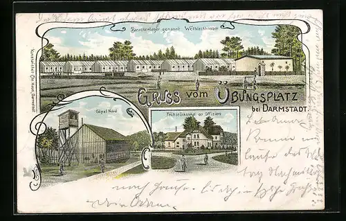 Lithographie Darmstadt, Übungsplatz - Barackenanlage Wellblechhausen, Frühstückslokal der Offiziere