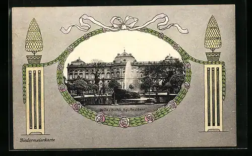 Künstler-AK Würzburg, Königliche Residenz mit Springbrunnen, Biedermeier-Ornamente