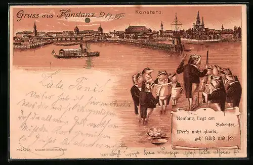 Lithographie Konstanz, Panorama der Stadt mit Froschorchester