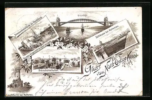Lithographie Rendsburg, Strassendrehbrücke, Schleuse bei Holtenau, Brunsbüttelhafen