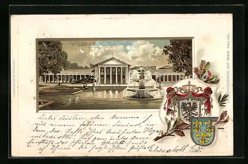 Passepartout-Lithographie Wiesbaden, Colonnaden, Wappen