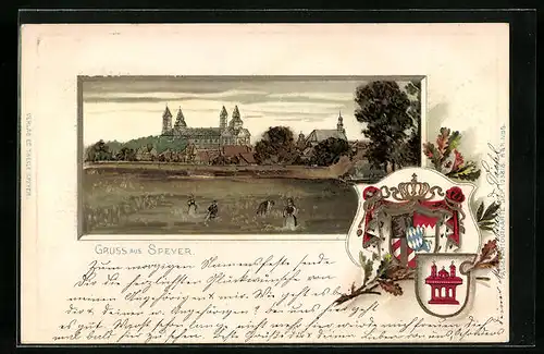 Passepartout-Lithographie Speyer, Ortsansicht hinter Bauern bei der Feldarbeit, Wappen