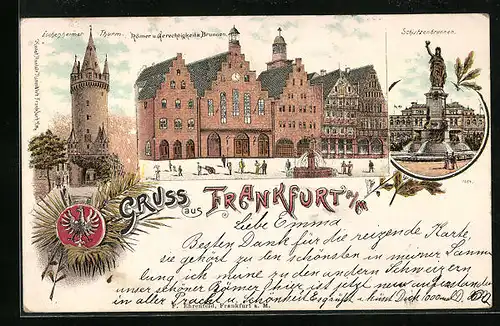 Lithographie Frankfurt a. M., Ortsansicht mit Eschenheimer Thurm und Schützenbrunnen