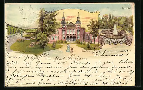 Lithographie Bad Nauheim, Ortsansicht mit Badehaus und Sprudel