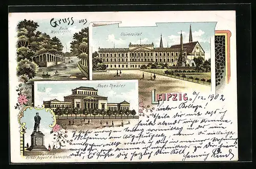 Lithographie Leipzig, Universität und Neues Theater