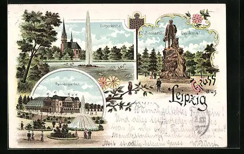 Lithographie Leipzig, Lutherkirche, Bismarck-Denkmal und Palmengarten