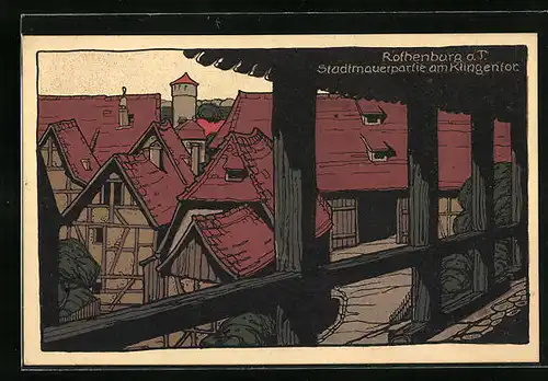 Steindruck-AK Rothenburg o. T., Stadtmauerpartie am Klingentor