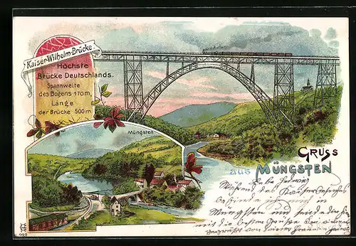 Lithographie Müngsten, Ortsansicht mit Kaiser-Wilhelm-Brücke