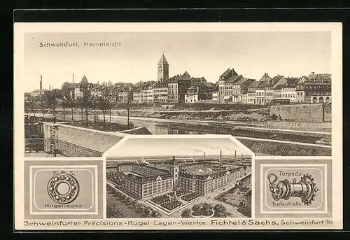 AK Schweinfurt, Mainansicht mit Präcisions-Kugel-Lager-Werke Fichtel & Sachs