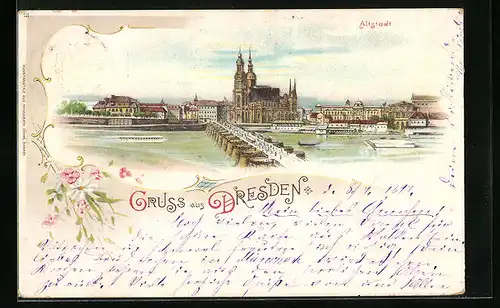 Lithographie Dresden, Ortsansicht mit Altstadt