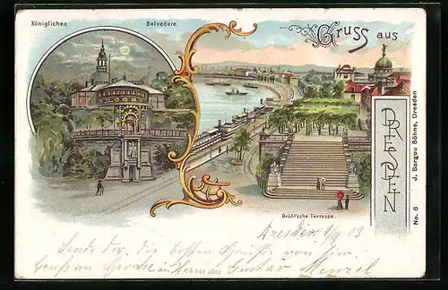 Lithographie Dresden, Totalansicht mit Brühl`schen Terrassen