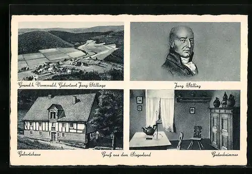 AK Grund b. Hilchenbach, Ortsansicht mit Portrait von Jung Stilling