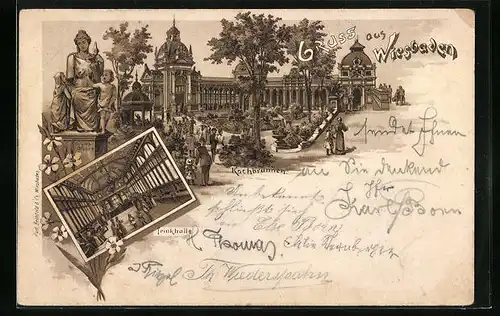 Lithographie Wiesbaden, Ortsansicht mit Trinkhalle