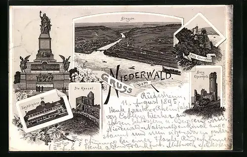 Lithographie Bingen, Niederwald-Denkmal, Totalansicht mit Burg Ehrenfels