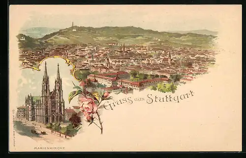 Lithographie Stuttgart, Totalansicht mit Marienkirche