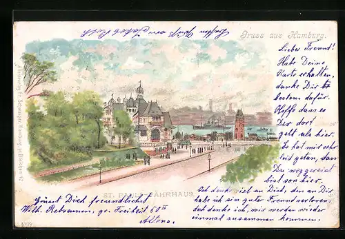 Lithographie Hamburg-St.Pauli, Ortsansicht mit St. Pauli Fährhaus