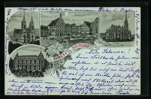 Mondschein-Lithographie Stuttgart, Marienkirche und Marktplatz