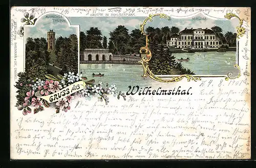 Lithographie Wilhelmsthal, Ortsansicht mit Schloss und Grotte