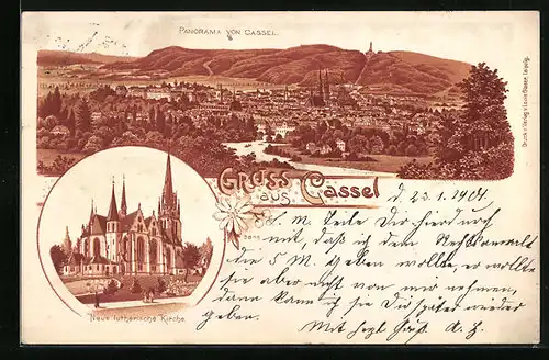 Lithographie Cassel, Panorama mit Kirche
