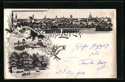Lithographie Leipzig, Totalansicht mit Bootspartie