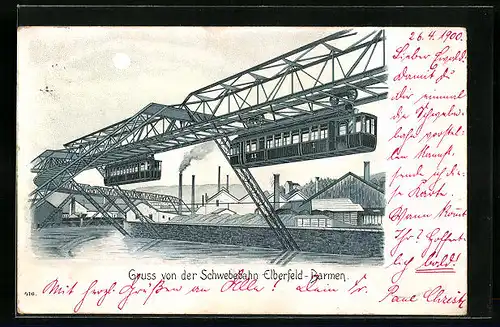 Lithographie Elberfeld, Schwebebahn Elberfeld-Barmen