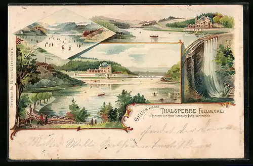 Lithographie Altena, Fülbecker Talsperre, Schlittschuhläufer auf der Eisbahn, Uferpartie