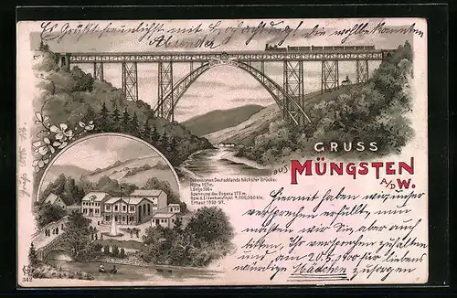 Lithographie Müngsten a. d. W., Hotel, Kaiser Wilhelm-Brücke