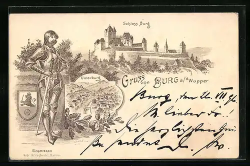 Lithographie Burg a. d. Wupper, Schloss Burg, Unterburg, Ritter mit Schwert