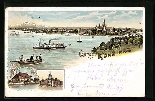 Lithographie Konstanz, Teilansicht mit Dampfer, Consiliumgebäude, Reichspost