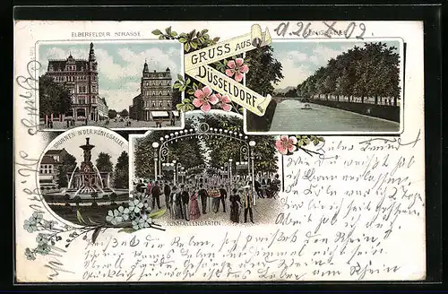 Lithographie Düsseldorf, Tonhallengarten, Elberfelder Strasse, Brunnen in der Königsallee