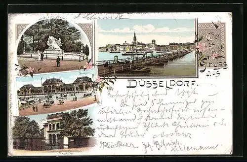 Lithographie Düsseldorf, Malkasten, Bahnhof, Krieger-Denkmal