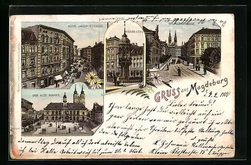 Lithographie Magdeburg, Der alte Markt, Kaiser Otto, Neue Jacob-Strasse mit Strassenbahn