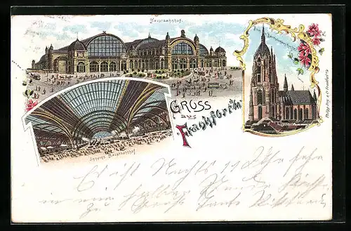 Lithographie Frankfurt a. M., Hauptbahnhof, Inneres, Dom u. Bartholomäus-Kirche