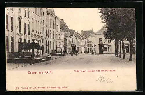 AK Goch, Südseite des Marktes und Mühlenstrasse mit Geschäften und Apotheke