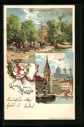 Künstler-AK Passau, Jubelfeier der Merkuria 1848-1898, Ortspartie mit Reitern, Uferpartie mit Kirche