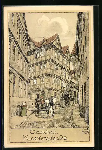 Steindruck-AK Kassel, Klosterstrasse mit Pferdewagen